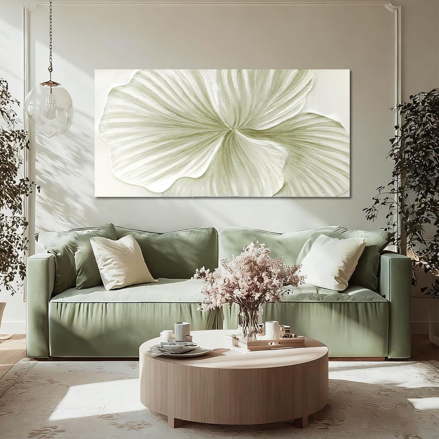 MLART99 Abstract Leaf Wall Art Modern Ginkgo Canvas Hand-drawn Painting 24x48 Green and White Large Artwork Minimalist Decoration for Living Room Bedroom Office Home