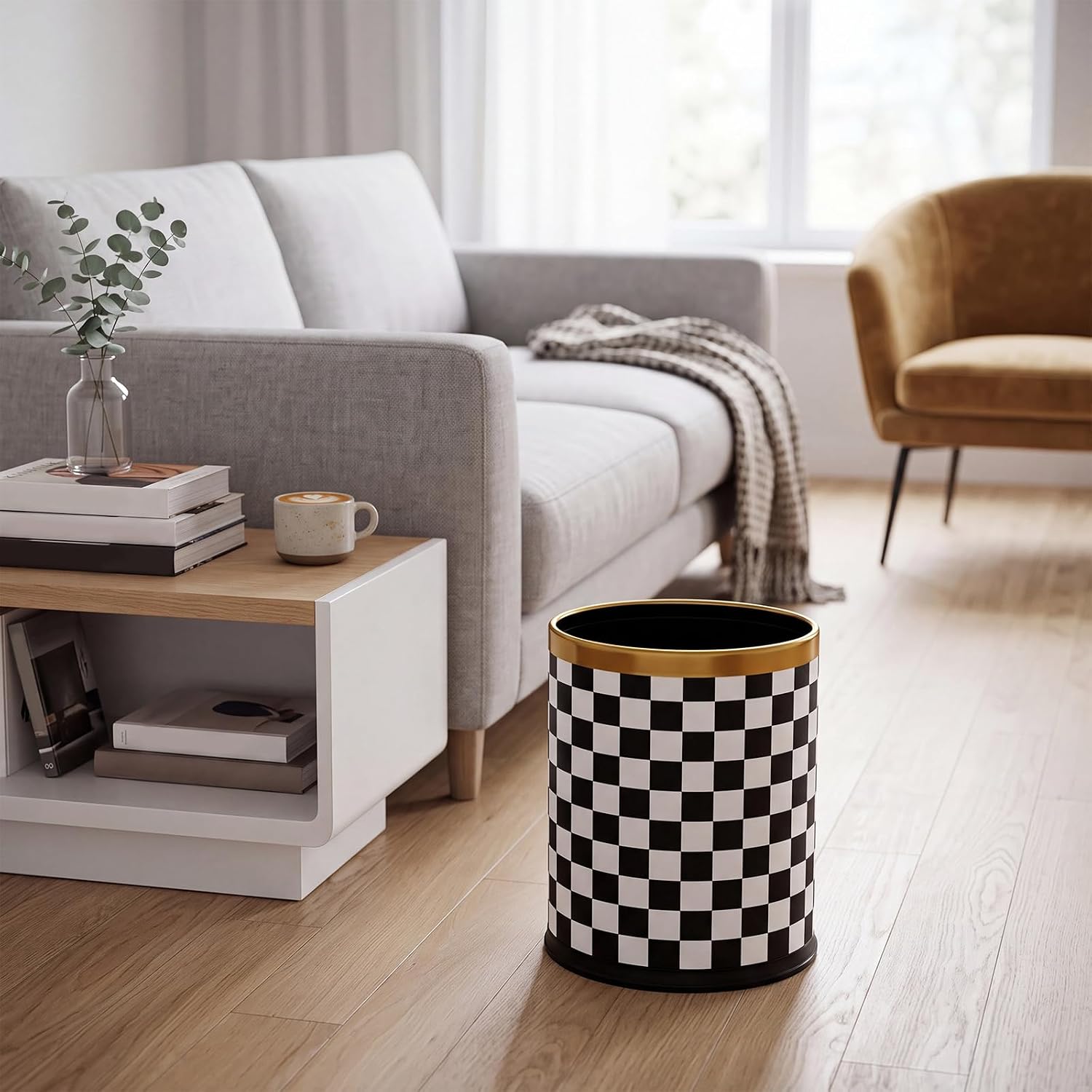 Geetery Decorative Black White Checkered Waste Bin, 2.64 Gallon Open Top Trash Can, Double Layer Faux Leather Wrapped Garbage Waste Basket for Bedroom Bathroom Kitchen Office Home Decor, 10l Capacity