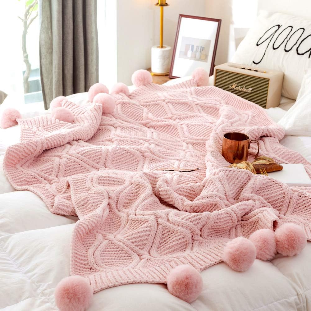 Chenille Plush Throw Blanket, Luxurious Lovely Lounge Cover Knitted Blanket with Handmade Pom Poms for Sofa/Bed/Couch/Living Room/Office(51.18"×59.05", Pink)