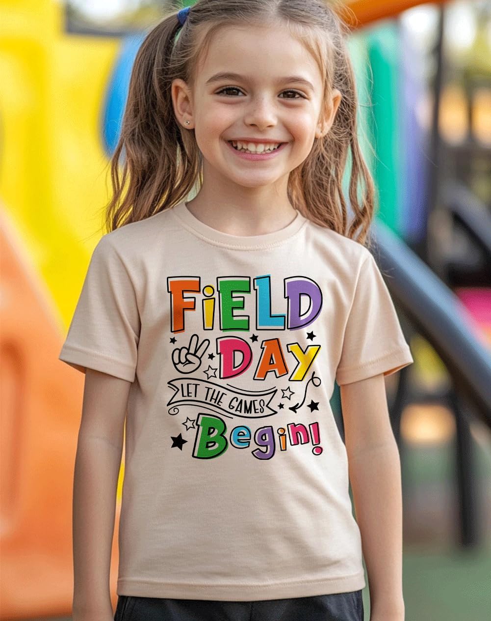 Kids Toddler Boys Girls Field Day T-Shirt Kindergarten Student Funny Short Sleeve Cotton Tee Tops(Beige,4T)