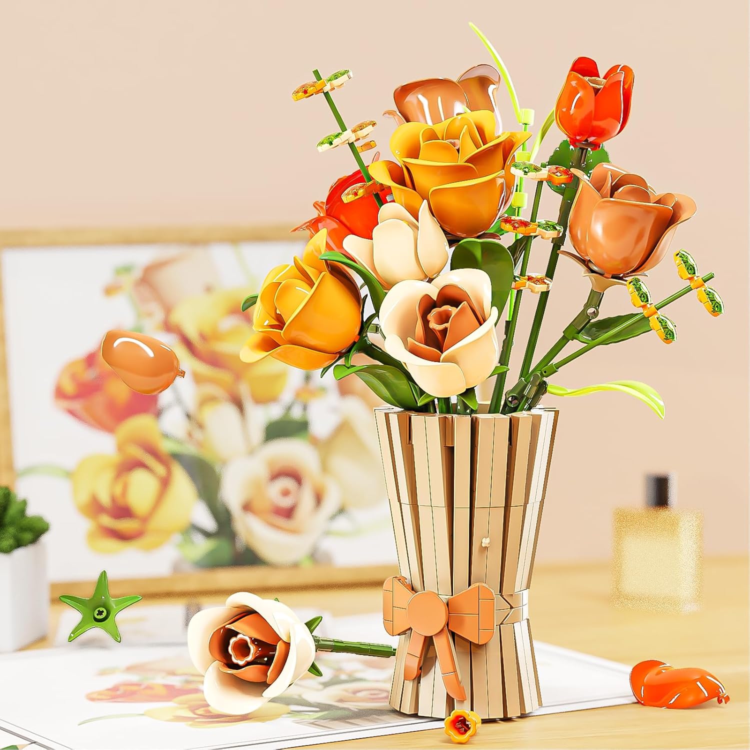 Roses Flower Bouquet Building Set,868 Pcs Artificial Flower Kit,Plant Bonsai Tree Building Blocks,Valentine's Birthday Botanical Collection Gift for Women Wife Girlfriend Adults Friends