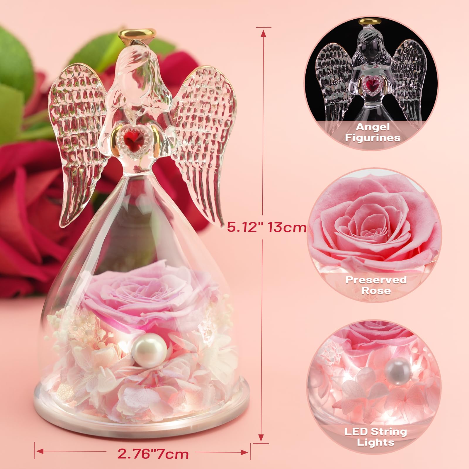 Figurine Ange En Verre Avec Rose Préservée éternelle - Décoration Romantique Pour Cadeau De Mariage, Anniversaire Ou St-Valentin