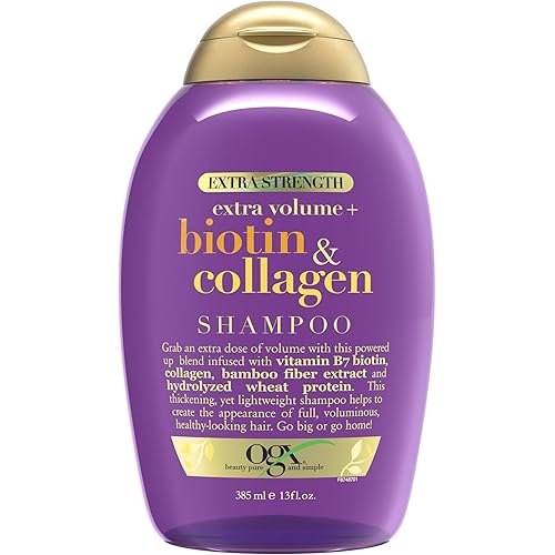 OGX Thick & Full + Biotin Collagen Extra Strength Volumizing Shampoo with Vitamin B7 Hydrolyzed Wheat Protein for Fine Hair. Sulfate-Free Surfactants Thicker, Fuller Hair, 13 Fl Oz