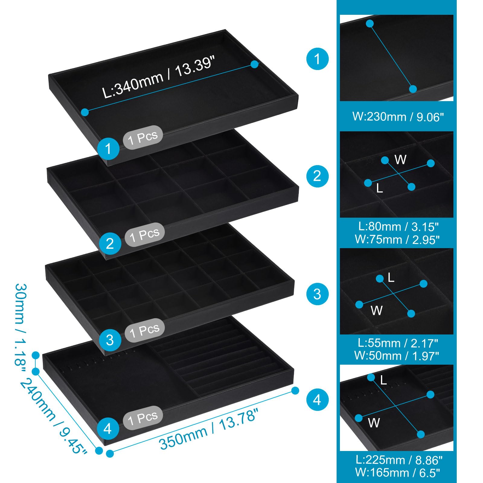 QUARKZMAN Bandeja de Joyería, 4 Juego - Bandeja Apilable para Exhibir Joyas con Tapa, Organizador de Joyas de Terciopelo, Caja de Almacenamiento para Anillos, Pendientes (Negro)