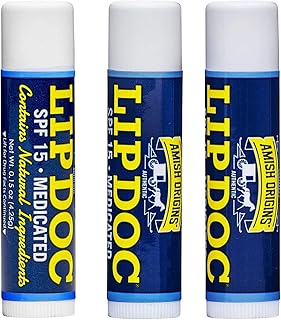 Amish Origins SPF 15 Medicated Lip Doc Balm - All Natural Ingredients, Deep Moisturizing Potent Formula for Chapped and Cracked Lips, All Refreshing Essential Oils, 3 Pack