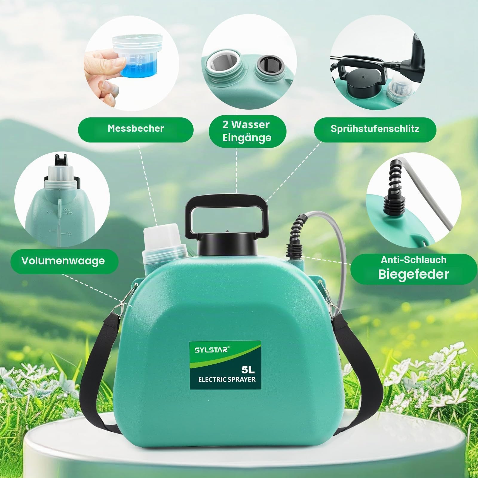 SYLSTAR Drucksprüher 5 Liter, 7.4V Stärkerer Akku Drucksprüher mit 4 Verstellbaren Düsen,3 Sprühgeschwindigkeiten Elektrischer Pflanzensprüher und 60cm Teleskopstab für Gartenspritze Unkrautspritze