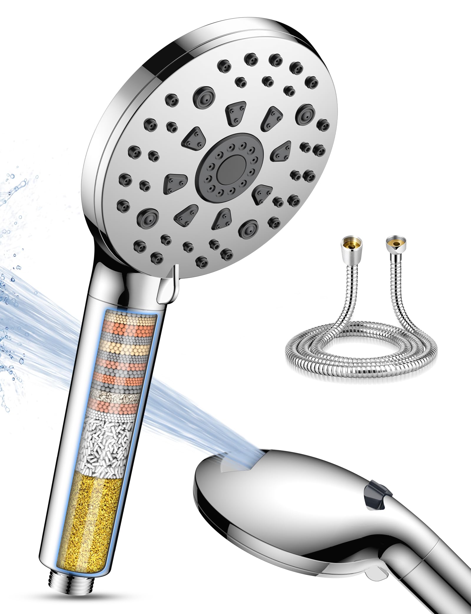 PWERAN Hard Water Filter Shower Head with 15 Stage Filter, 7 Spray Modes Water Saving High Pressure Handheld Filtered Shower Head and 1.5M Hose for Remove Residual Chlorine