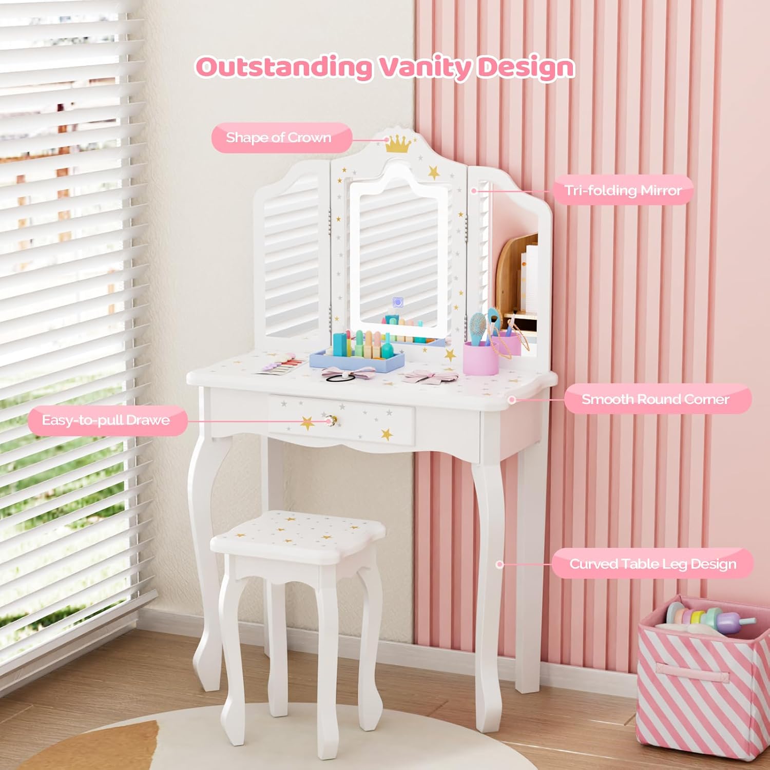 JOYMOR Upgrade Kids Vanity, 2-in-1 Girls Vanity w/Tri-Folding Mirror & Adjustment LED Touch Screen, 1 Drawer, Kids Vanity Set with Mirror Age 4-9 (White)