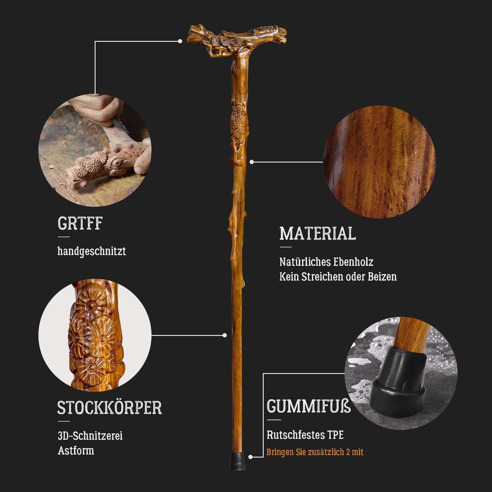 Gehstock Holz, Handgeschnitzter Gehstock Holz für Damen und Herren, mit Massagefunktion, Unterstützt bis zu 226 kg, Hochwertige Gehstöcke für Senioren, Geeignet zum Verschenken