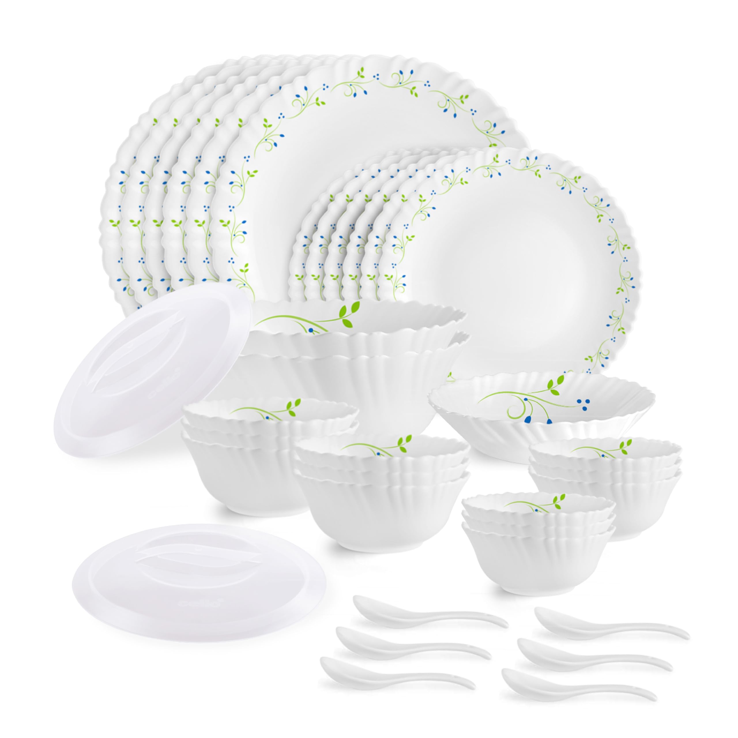 Cello Opalware Dazzle Series Tropical Lagoon Dinner Set, 35 Units | Opal Glass Dinner Set for 6 | Light-Weight, Daily Use Crockery Set for Dining | White Plate and Multipurpose Bowl Set