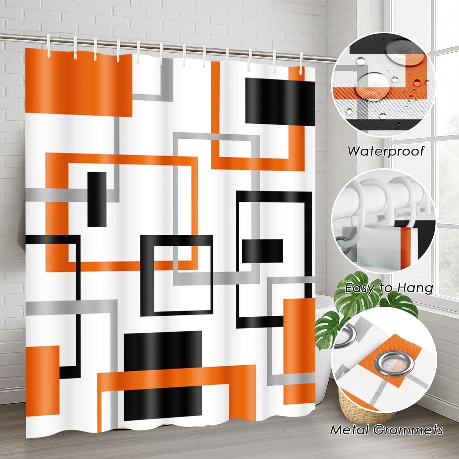 ArtSocket Geometric Orange and Gray Bathroom Set with Shower Curtain Rugs Accessories, Black and Gray Modern Shower Curtain, Orange Bathroom Decor 4 Pcs