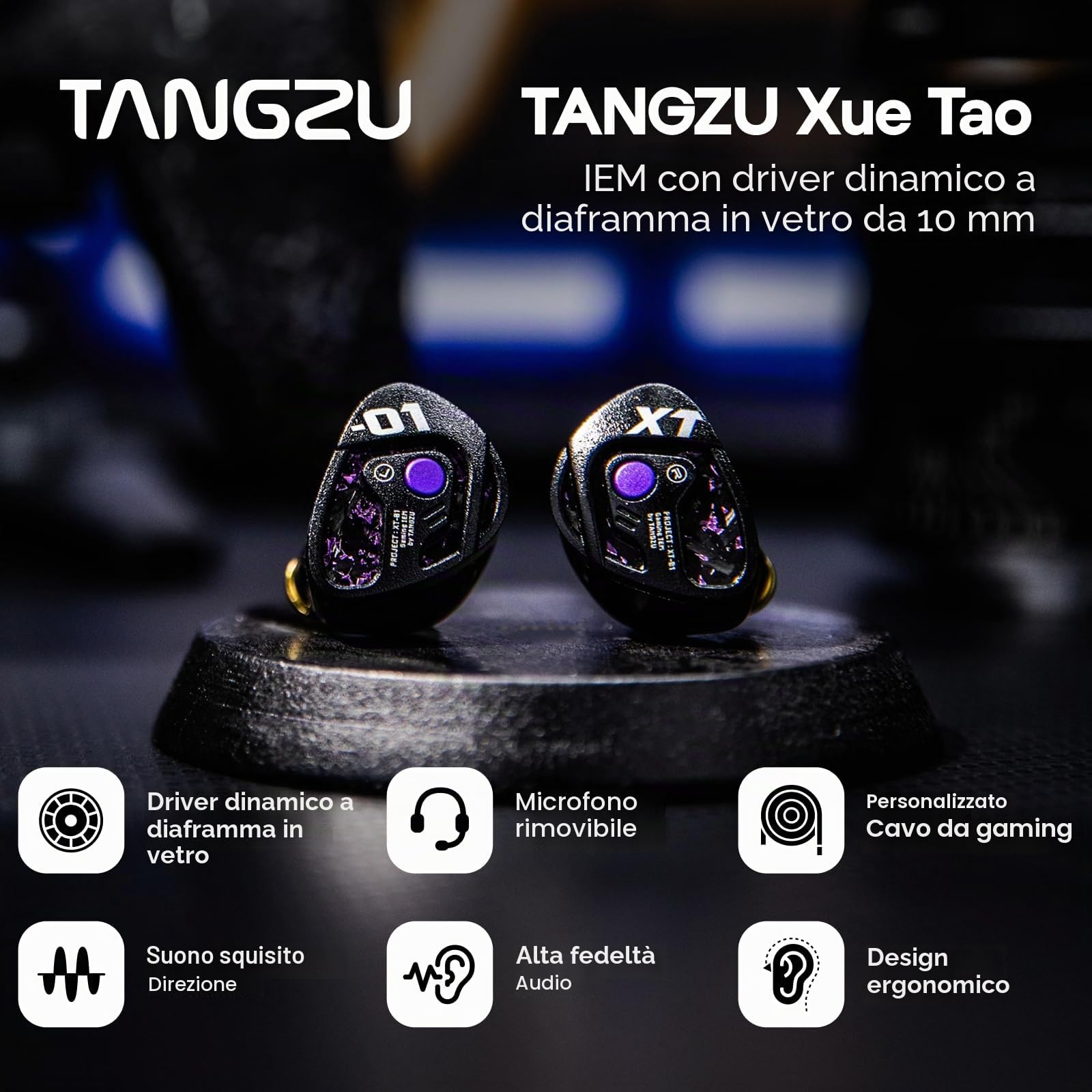 Linsoul TANGZU Xue Tao Gaming IEM, Cuffie HiFi e Microfono Rimovibile, In Ear Monitor con Driver Dinamico a Diaframma in Vetro da 10mm, con Cavo OFC Rimovibile a 2Pin per Gamer Audiophile (3.5mm MIC)