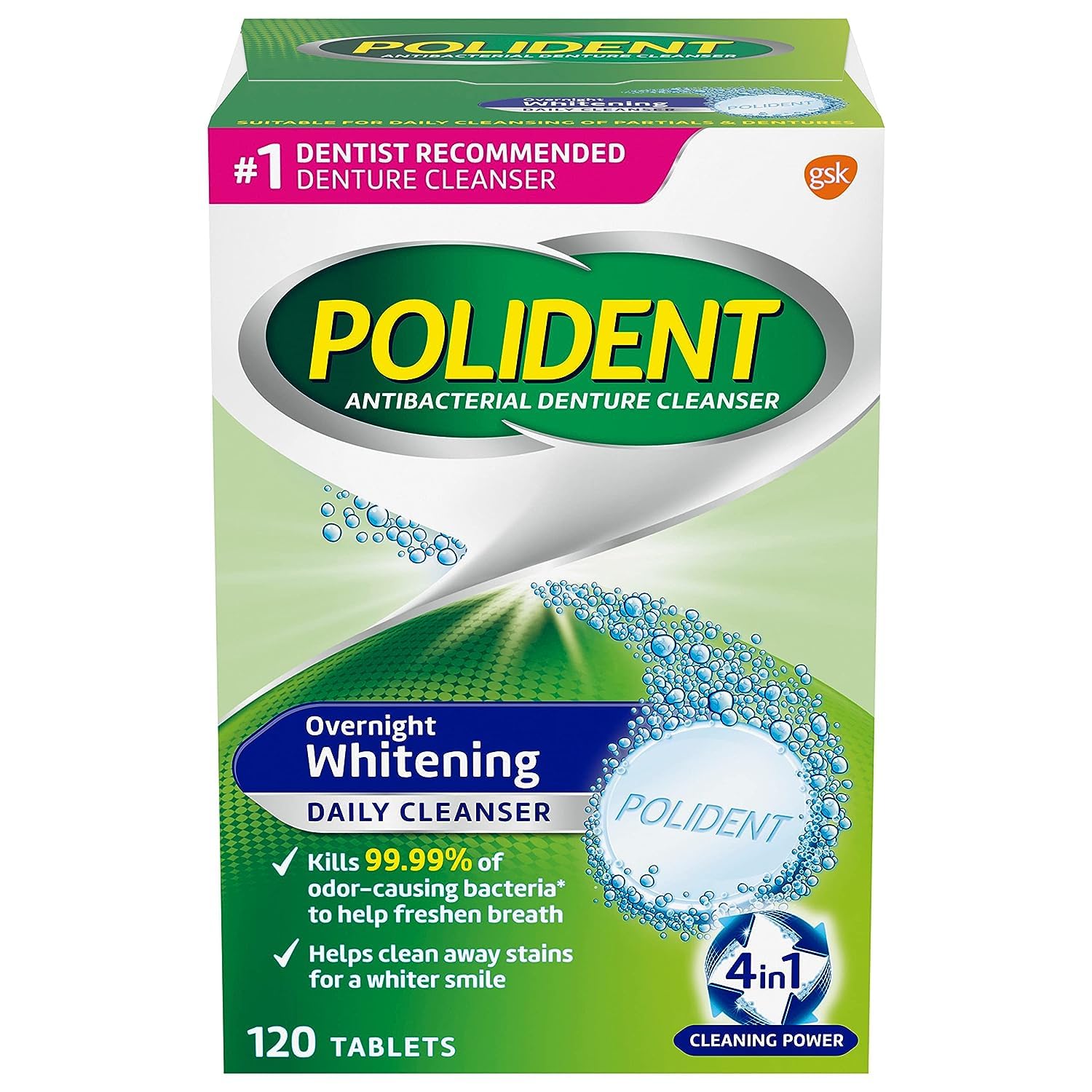 Polident Overnight Whitening Denture Cleanser Tablets - 120 Count (Pack of 2)