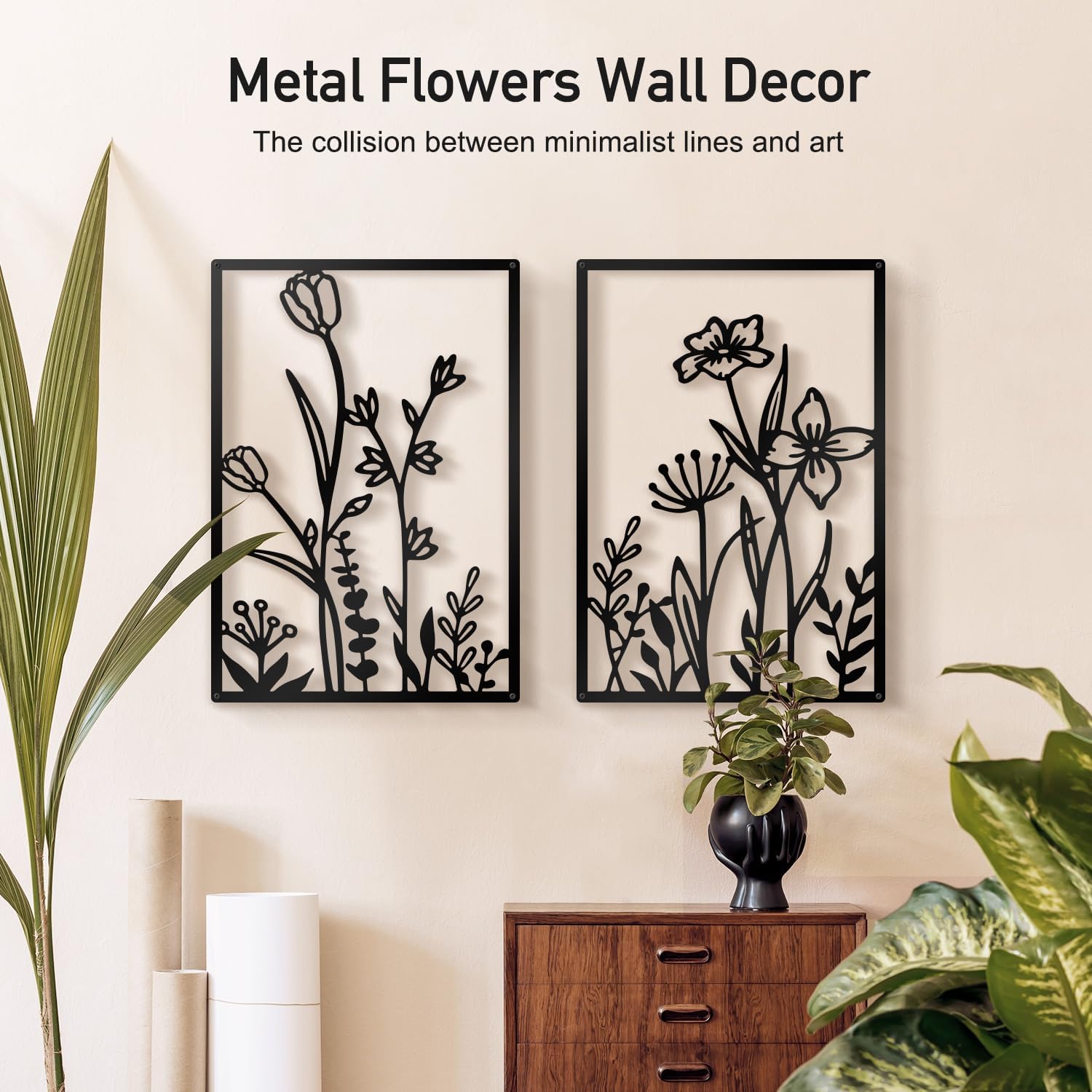 Sokurdeg Black Metal Flowers Wall Decor, Minimalist Floral Metal Wall Hanging Art, Black Abstract Rustic Flower Line Wall Sculptures for Bedroom Bathroom Living Room (4 Pcs, 15.7 x 22.5 in)