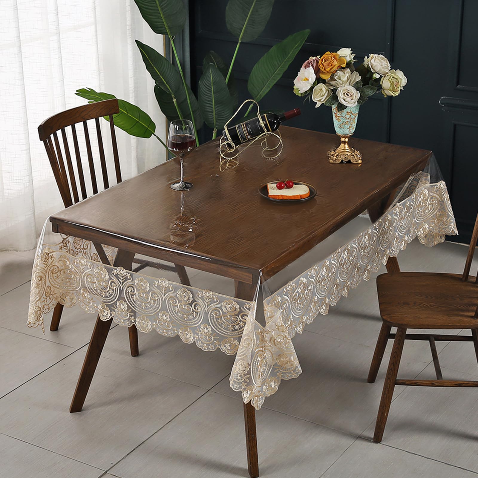Qubjus Mantel de plástico transparente, impermeable, rectangular, de vinilo, con encaje bordado, para comedor, cocina, bufé, banquetes, fiestas (60 x 98 pulgadas, café)