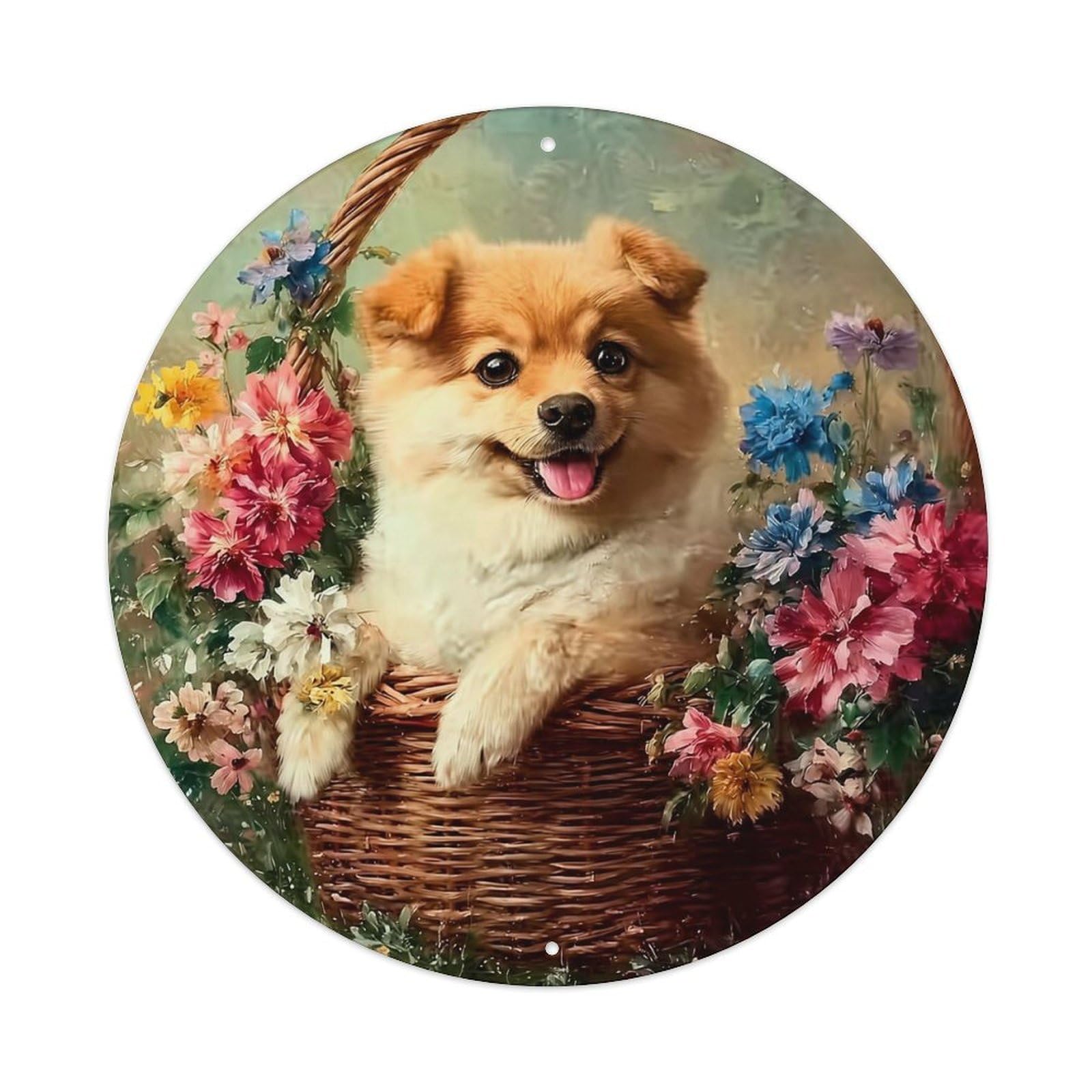 Puppy In Flower Basket Vintage Metal Tin Sign Retro Wall Decor for Home Bar Garage Cafe, Indoor & Outdoor Decorative，circle Metal Poster, 8x8 Inch