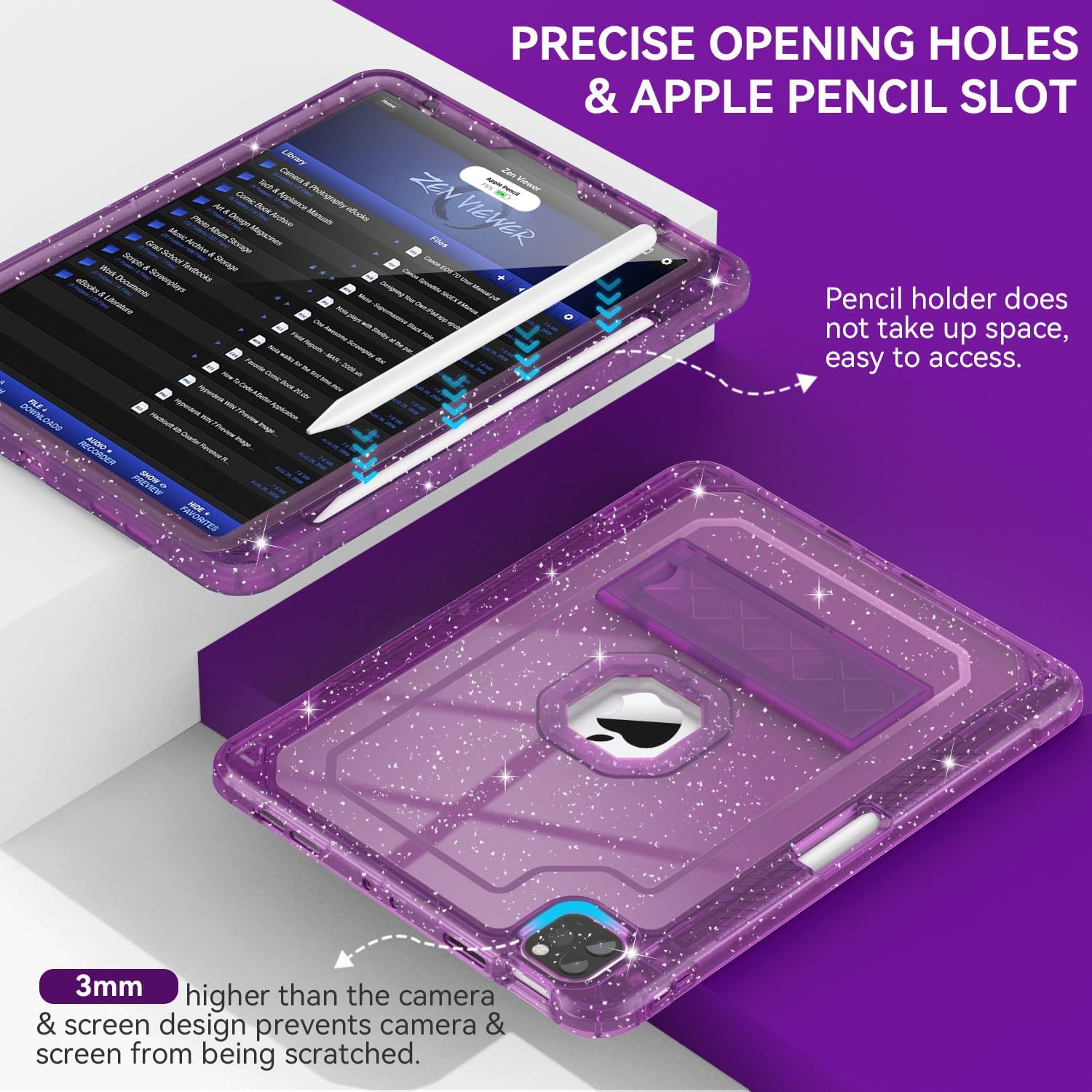 ZoneFoker for iPad Pro 12.9 Case 6th/5th/4th/3rd Generation 2022/2021/2020/2018, 12.9 Inch iPad Pro Case Cover with Pencil Holder, Purple Glitter