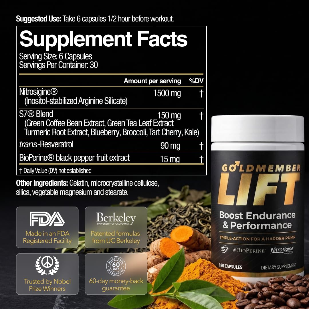 GoldMember Lift – Natural Male Blood Flow Supplement - Sexual Enhancement, Size, Stamina & Performance with Nitrosigine, Trans-Resveratrol, S7 Plant Blend, BioPerine – Made in the USA, 180 Capsules — Amazon image 5