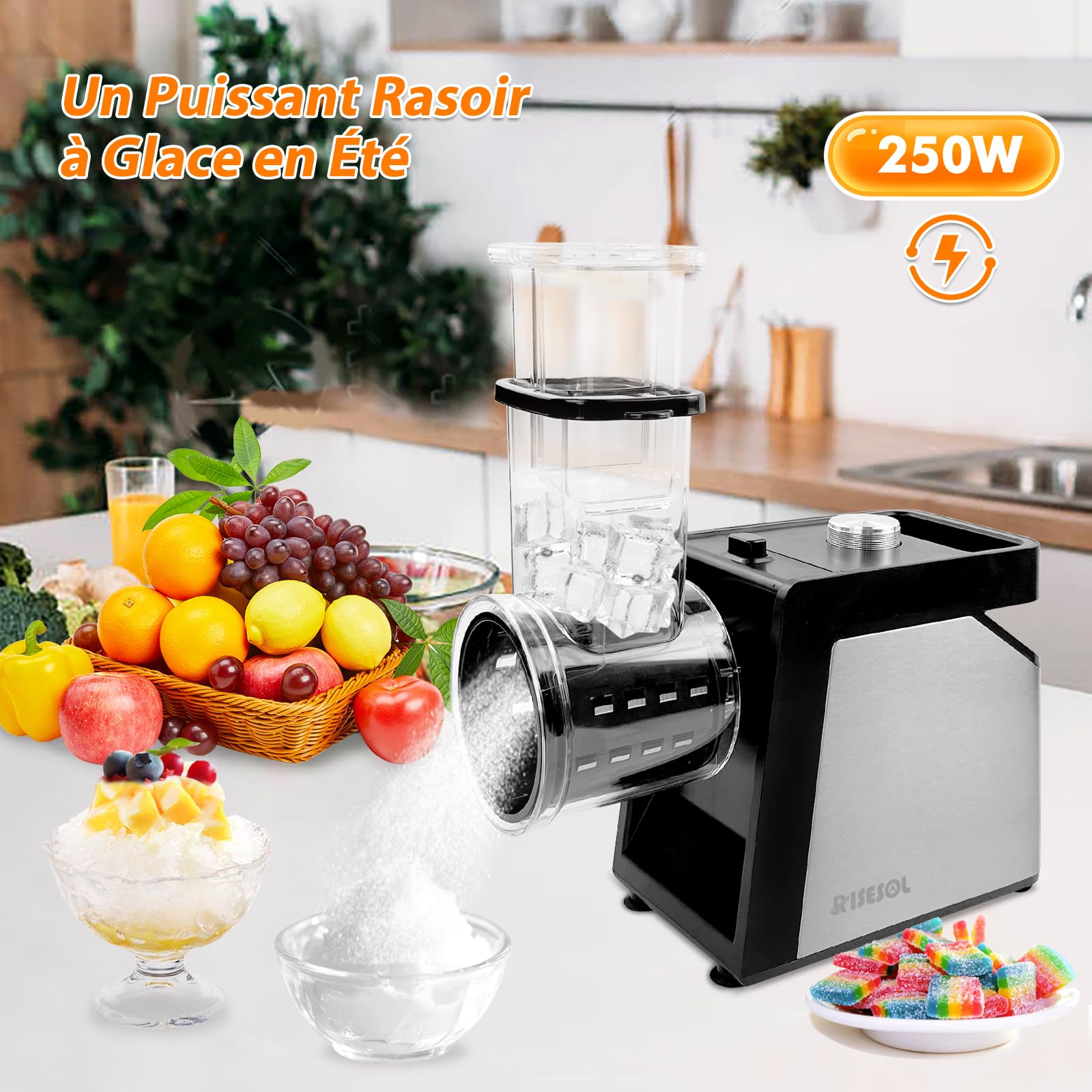7 en 1 Coupe Légumes Électrique Broyeur à Glace Rape à Fromage Carottes Acier Inox avec 7 Lames 250W Trancheuse de Légumes Professionnel de Cuisine Multifonctions 220V Fiche UE