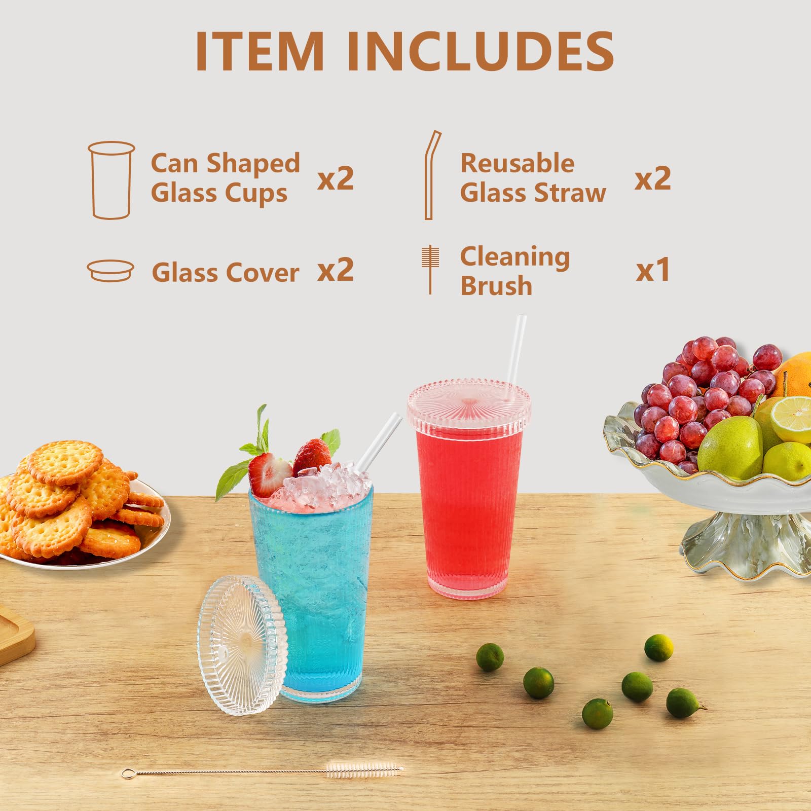 Bicchieri Acqua con Coperchio e Cannuccia, 2 Pezzi 375 ML Vetro Tazze per Cappuccino Cocktail Caffè Freddo Tè e Soda