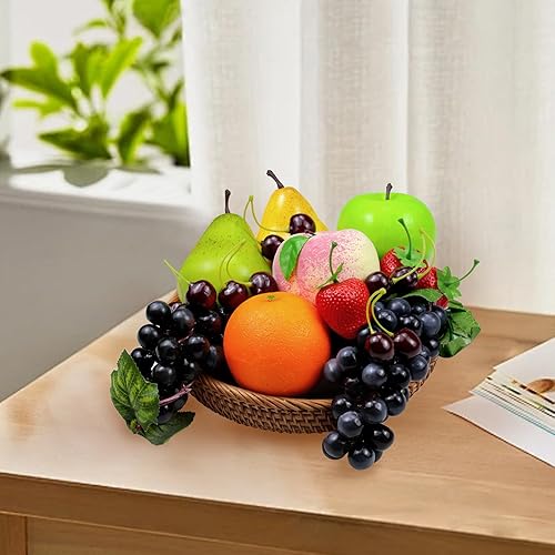 Miniatura 8 de Paquete de 16 frutas falsas, frutas artificiales para decoración de cocina y hogar, frutas para decoración de mesa de comedor, manzana, melocotón,