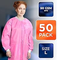 Vista 2 de EZGOODZ Abrigo de laboratorio desechable de 44 pulgadas de largo, grande. Paquete de 50 abrigos de laboratorio desechables SMS rosas para adultos.