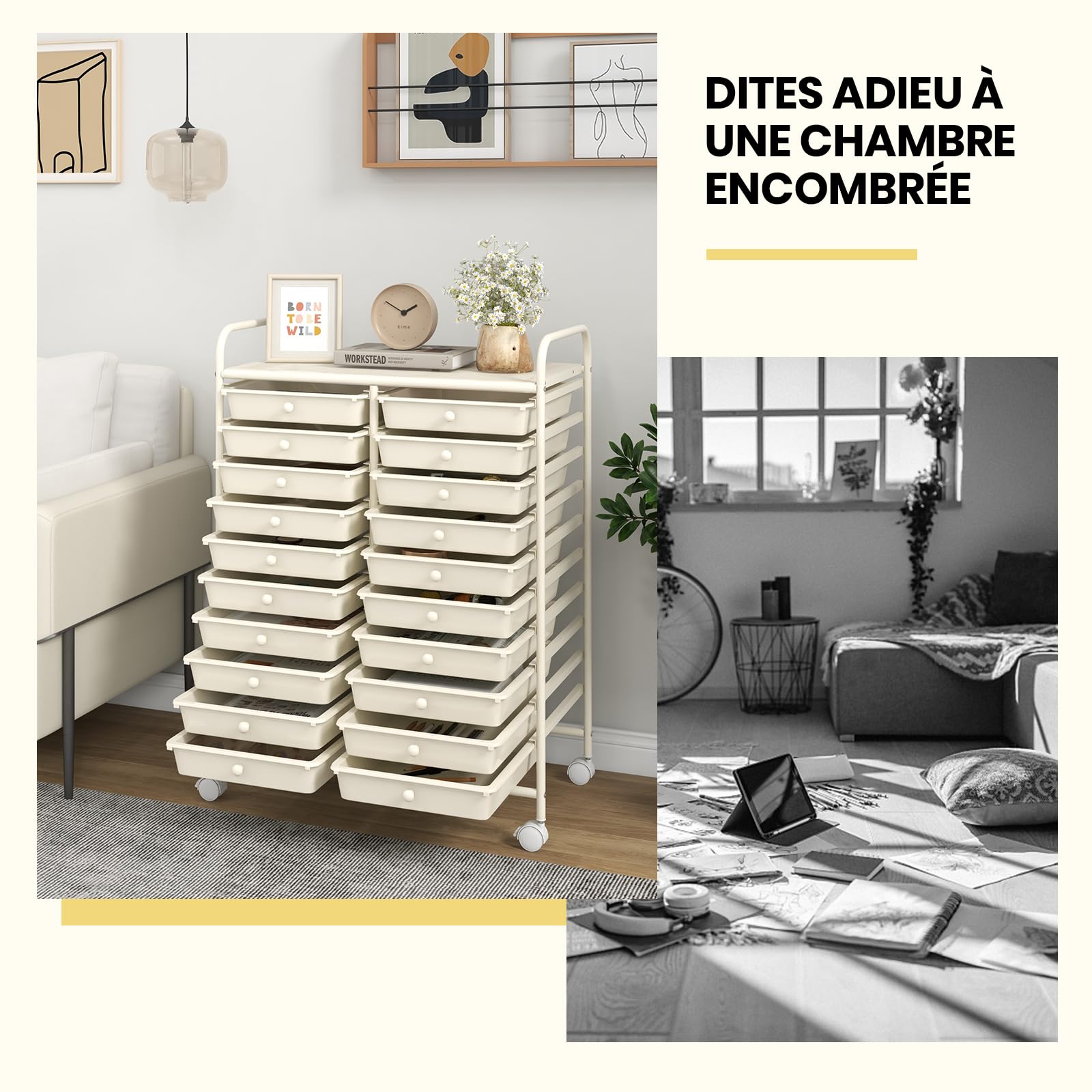 GOPLUS Desserte à Roulettes avec 20 Tiroirs Amovibles en Plastique, 63 x 38 x 89 CM, Chariot de Rangement à Roulettes Verrouillable, Cadre en Acier, Poignée Latéral, pour Chambre, Bureau (Blanc)