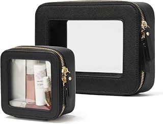 Popvibe Clear Makeup Bag with Zipper, Set of 2, Mini and Medium, Black | Clear Travel Bags for Toiletries, Structured Cosmetic Case for Women, Waterproof PU Leather, Wide Open Portable Car Organier