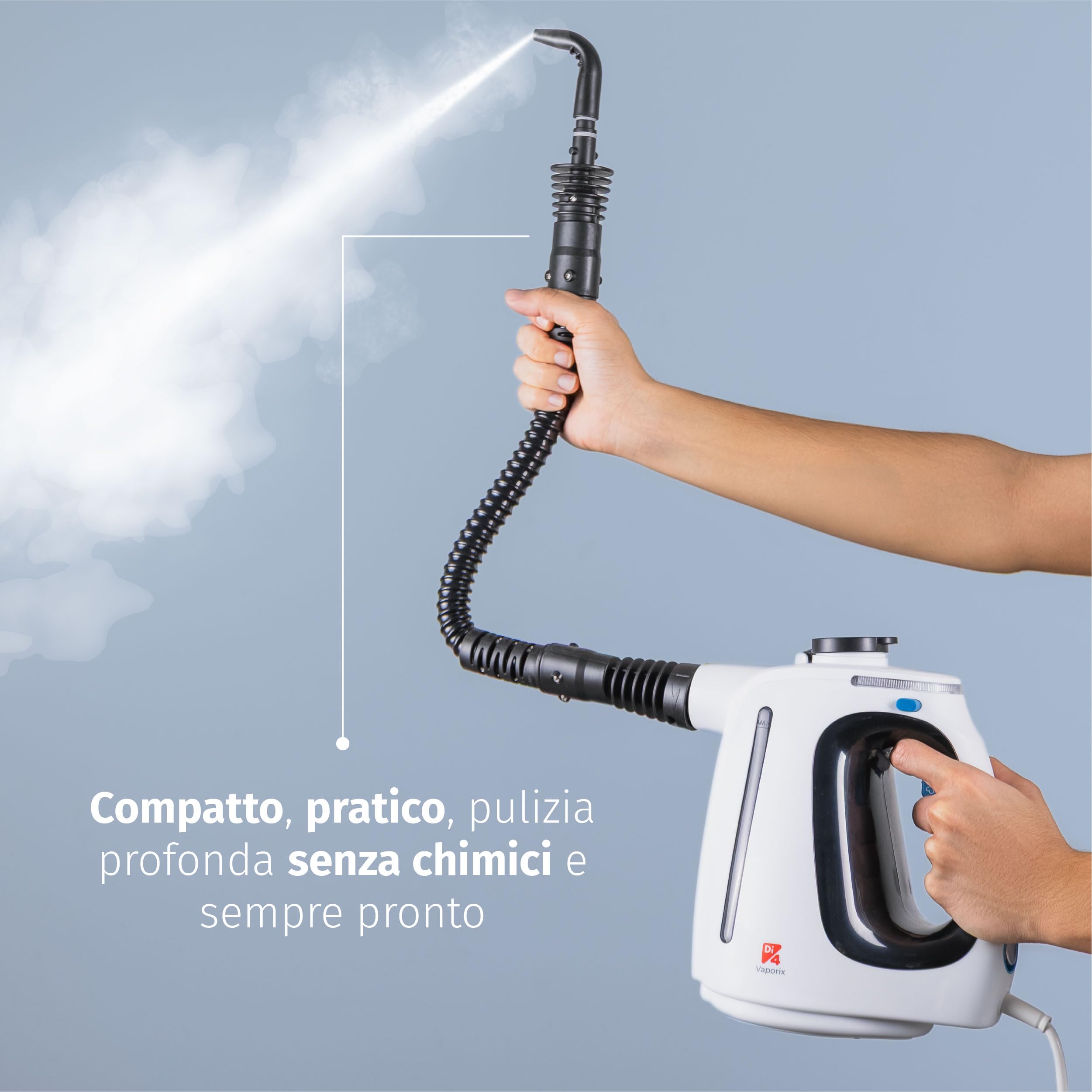 Di4 Vaporix Pulitore a Vapore Manuale 1350W, Vapore Continuo 32 g/min, Riscaldamento 30s, 16 min di Vapore, Serbatoio 550 ml, Pulitore a Vapore Multifunzione 9 Accessori, Tubo 3 m