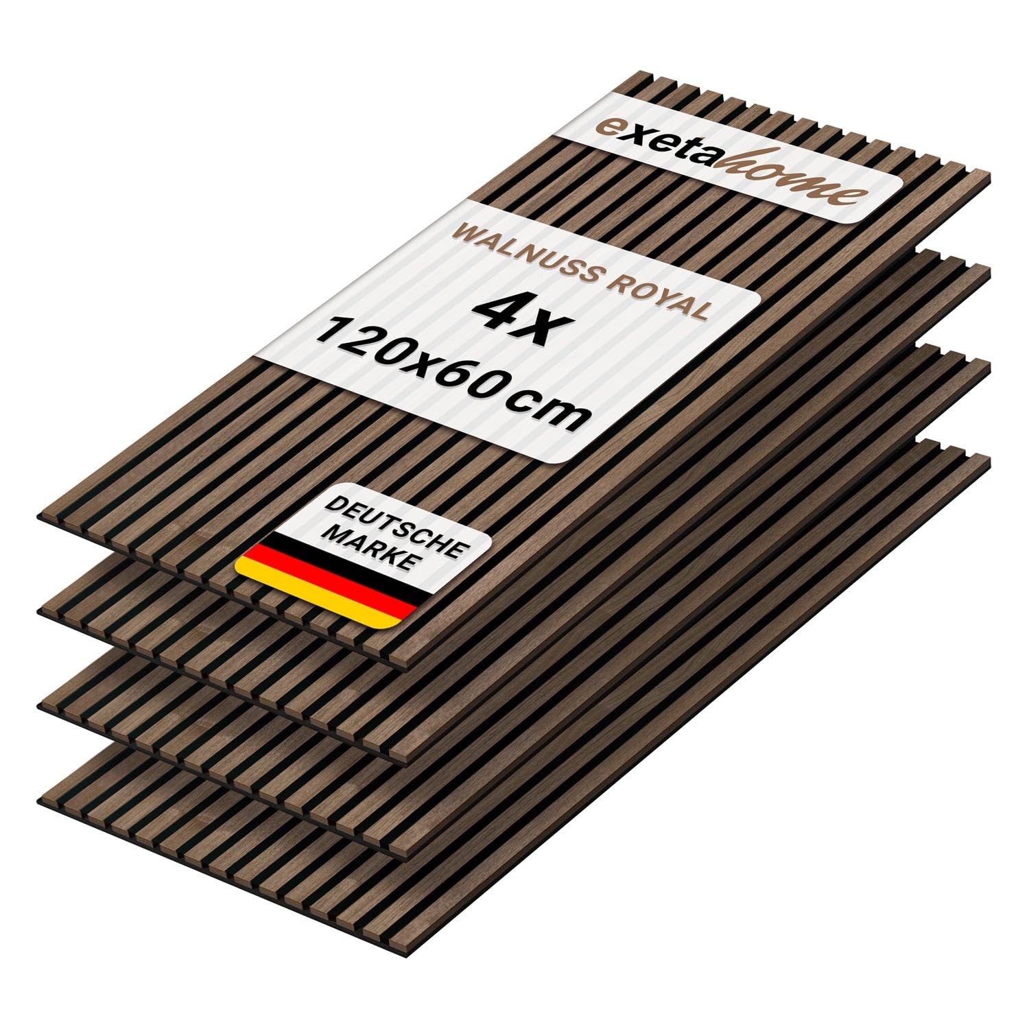 4er Set Akustikpaneele Holz 120x60 cm – extra dick 2,1 cm I Holzpaneele mit Echtholz-Furnier für akustische Schallabsorption & optimale Raumakustik I Wandpaneele Holz in Walnuss Royal