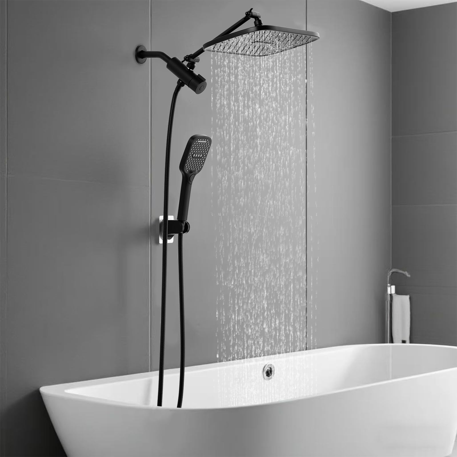 High Pressure Rain Shower Head with 3 Spray Modes Handheld Shower Head - 12" Rain Shower Head & Adjustable 11" Extension Arm, Anti Clog Jets, Built-in Air Tech, Height/Angle Adjustable