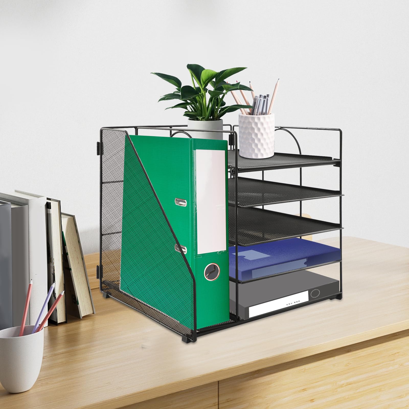 5-stopniowy organizer na biurko z uchwytem na dokumenty, 32 x 31 x 31,5 cm, półka na listy z siateczki, do biura, półka na dokumenty i czasopisma, czarny