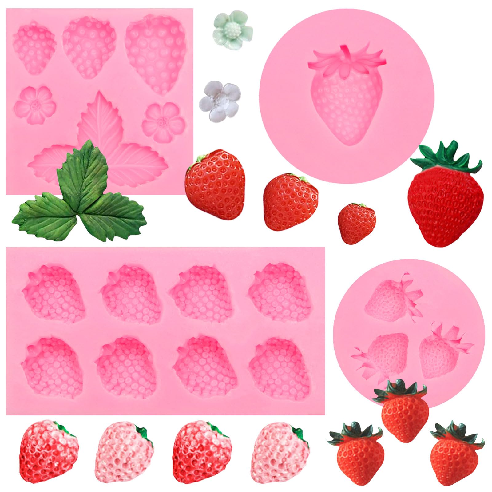 3D-Erdbeer-Silikonformen, Erdbeerblüten und -blätter, Fondantformen, Frucht- und Schokoladenformen zum Dekorieren von Obstkuchen und Cupcakes, Süßigkeiten, Schokolade und Blütenpaste(Rosa-TP241)