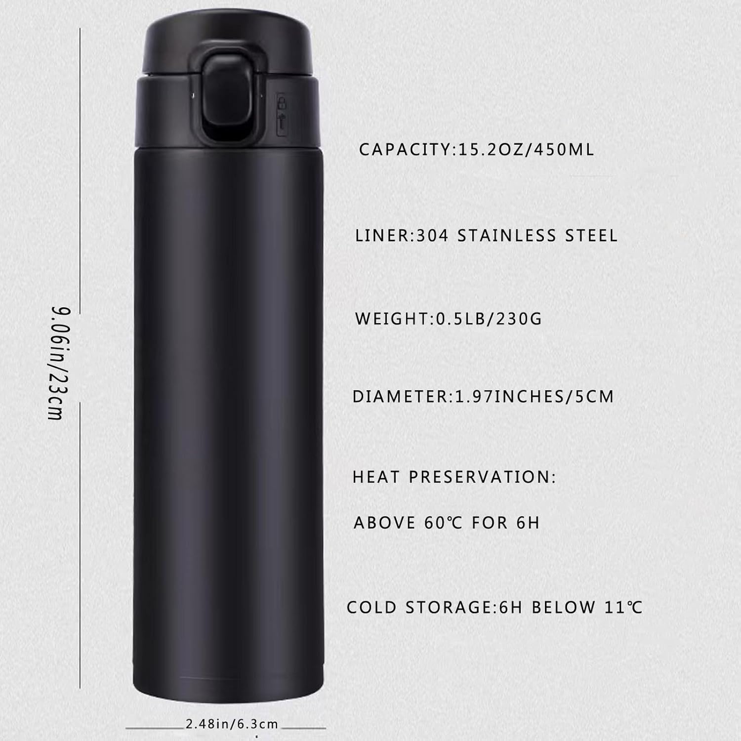 Vacuum Insulated Bottle Thermal Water Bottle Travel Coffee Mug with Safety Buckle Lid Stainless Steel Leak Proof Tumbler Water Flask 15.2 Oz/450ml(Black) - Image 6