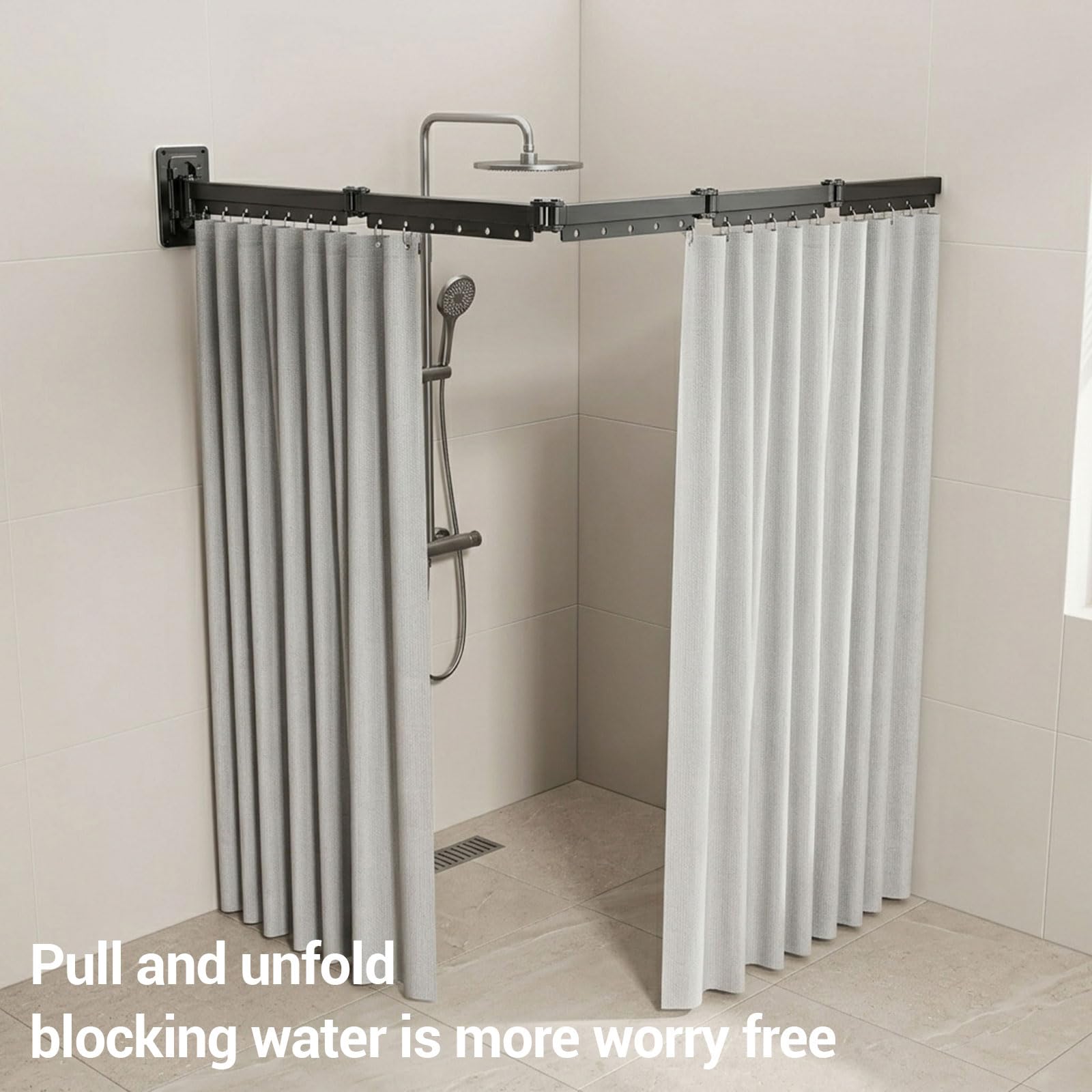 Asta per tenda da doccia, senza praticare fori, 1,8 m x 194 cm, pieghevole, angolare, con ventosa, a forma di L/U, stabile e regolabile, per doccia angolare, accessori da bagno (grigio)