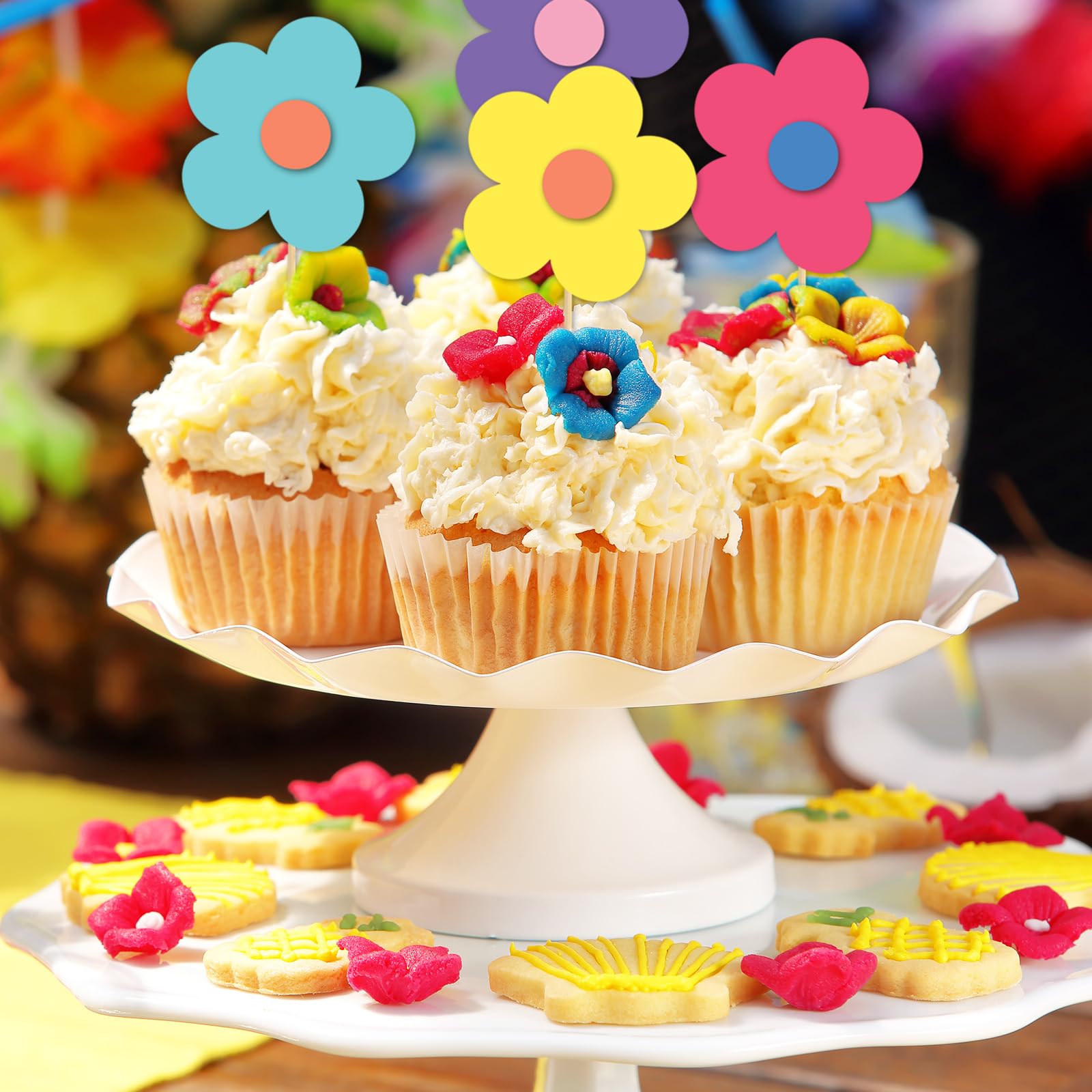 Whaline 32-Piece Y2K Boho Flower Cupcake Toppers - 8 Colors 3D Daisy Picks With Sticks For Party Decor - View #6