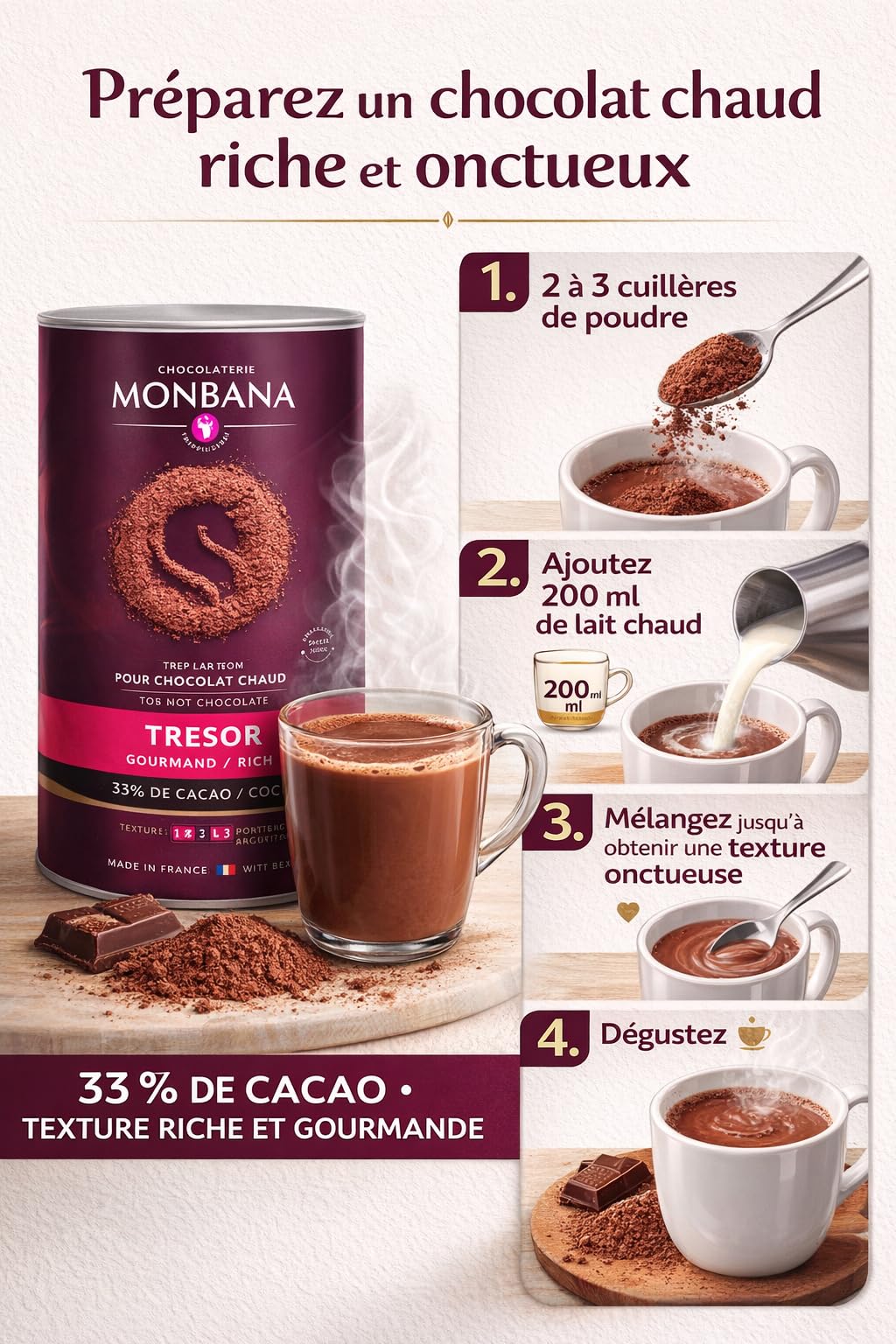 Chocolat en poudre MONBANA, 1 kg Trésor de monbana, préparation pour chocolat gourmand, chocolat chaud