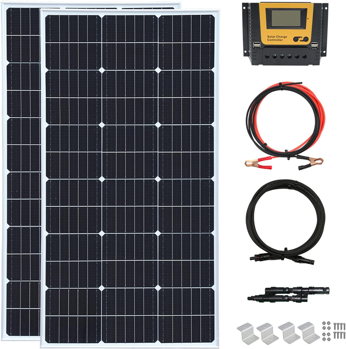 Solar Panel Kit 200W 12V/24V 2 x 100W Monocrystalline Modules 20A Charging Driver for RV Boat Trailer Camping Off Grid System (200W Solar Kit)