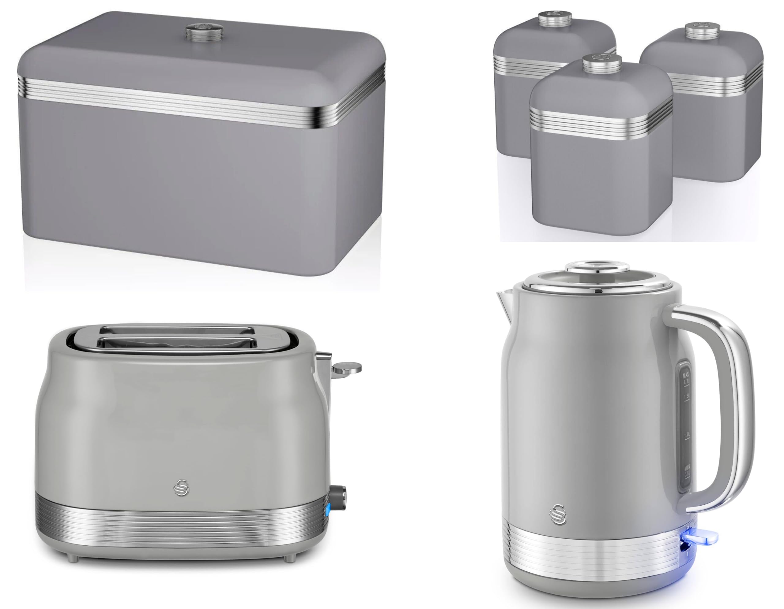 Swan Retro Revive Grey 1.7L 3KW Jug Kettle, 2 Slice Toaster, Retro Breadbin and Canisters Kitchen Storage. Matching Retro Design Kitchen Set in Grey with Chrome Accents