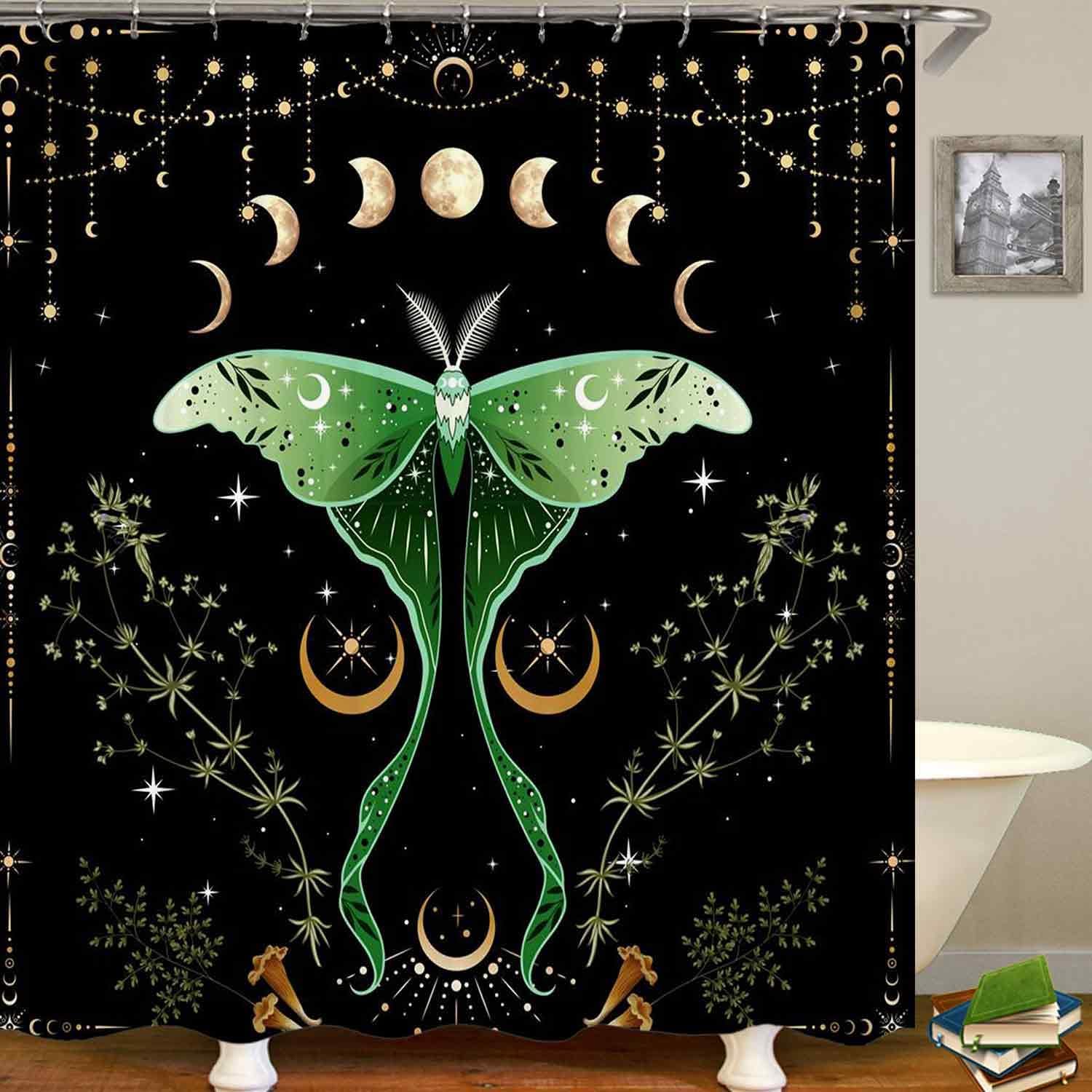4PCS Moon Phase Green Moth Shower Curtain Sets with Rugs, Waterproof Fabric Black Shower Curtain, Celestial Moonlit Star Butterfly Mushroom Plant Aesthetic Gothic Mystic Witchy Bathroom Decor