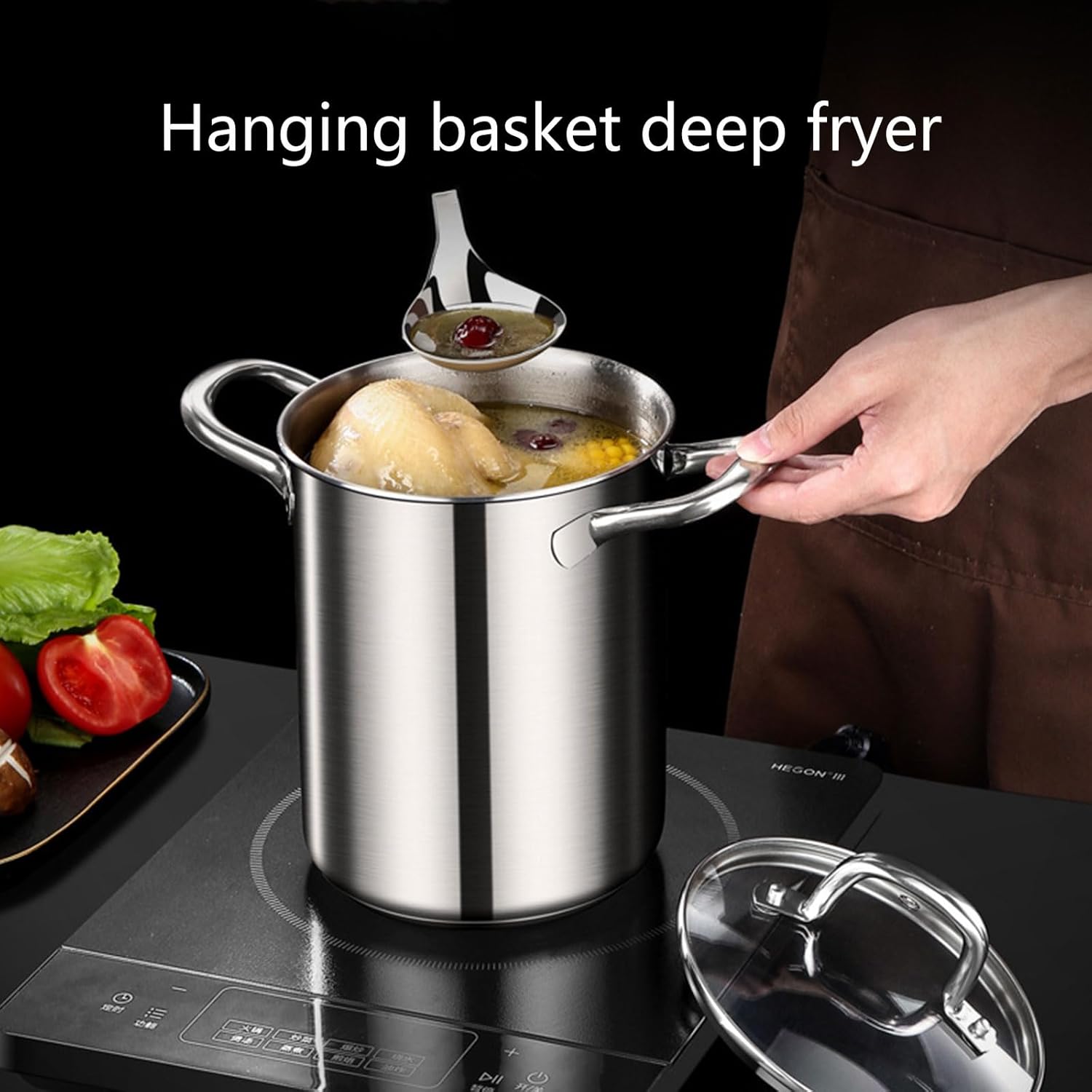 Deep Fryer Pots,Stainless Steel Thickeded Oil Fryer Pots with Oil Drip Drainer Rack Tongs Chopsticks,9.44x11.02in Large Cooking Pots for Kitchen French Fries Chicken Seafood BBQ, silver