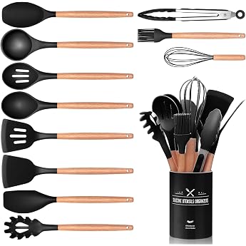 12-Piece Kitchen Utensil Set, Silicone Kitchen Utensils Set, Non-Stick Heat Resistant Wooden Handle Cooking Cutlery with Uten