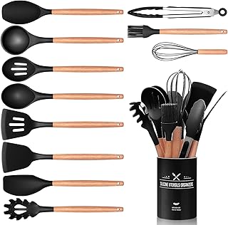 12-Piece Kitchen Utensil Set, Silicone Kitchen Utensils Set, Non-Stick Heat Resistant Wooden Handle Cooking Cutlery with Utensil Holder, Silicone Spatula Cookware Set, Dishwasher Safe (Black)
