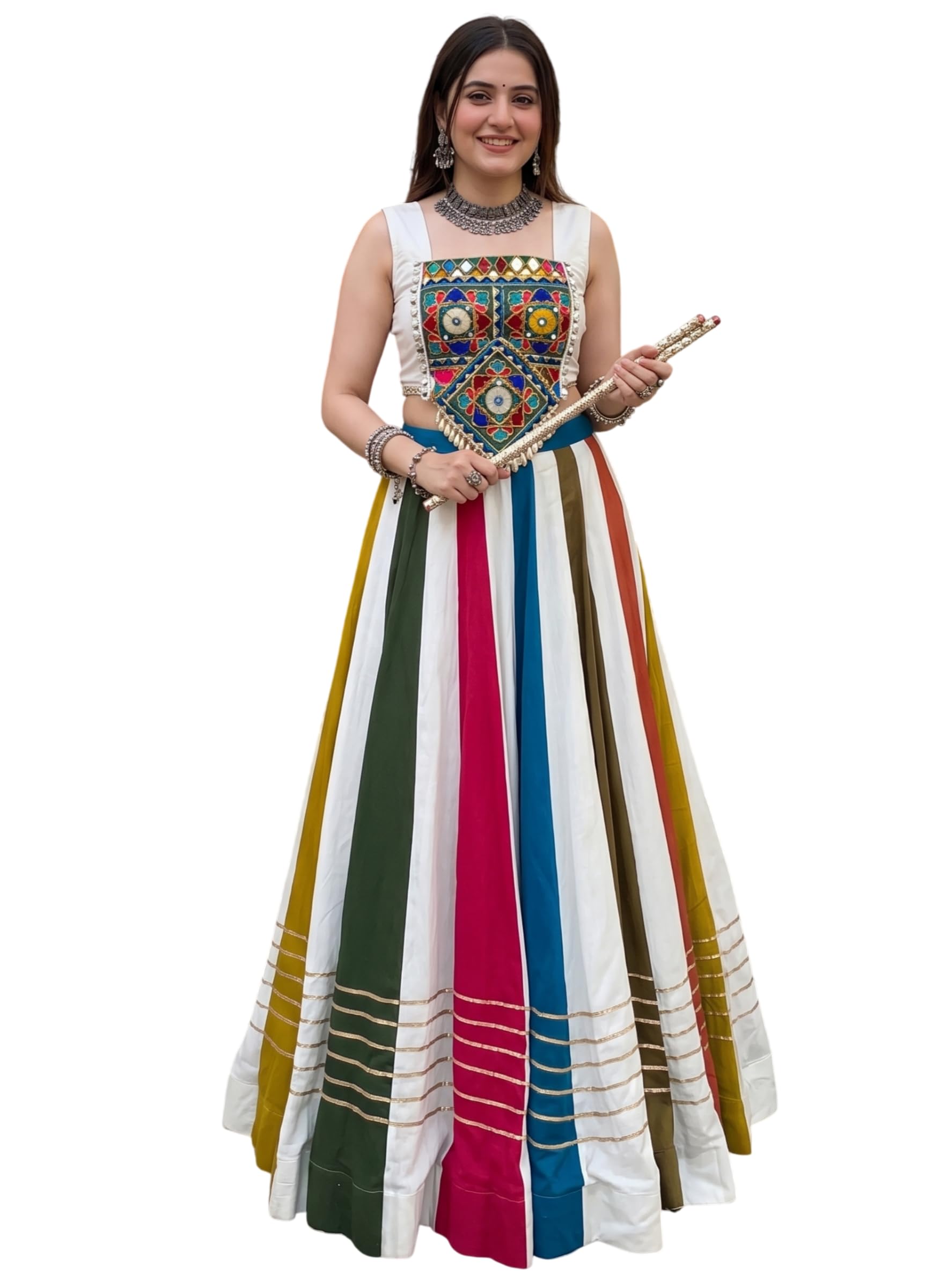 RAJ LAXMI Women's Pure Rayon Navratri Lehenga Choli for Women | Chaniya Choli with Original Mirror Gamthi Work, Gota Patti Lace | Garba Dandiya Festival with Unstitched BlouseAB (WHITE) | Beauty-image-16