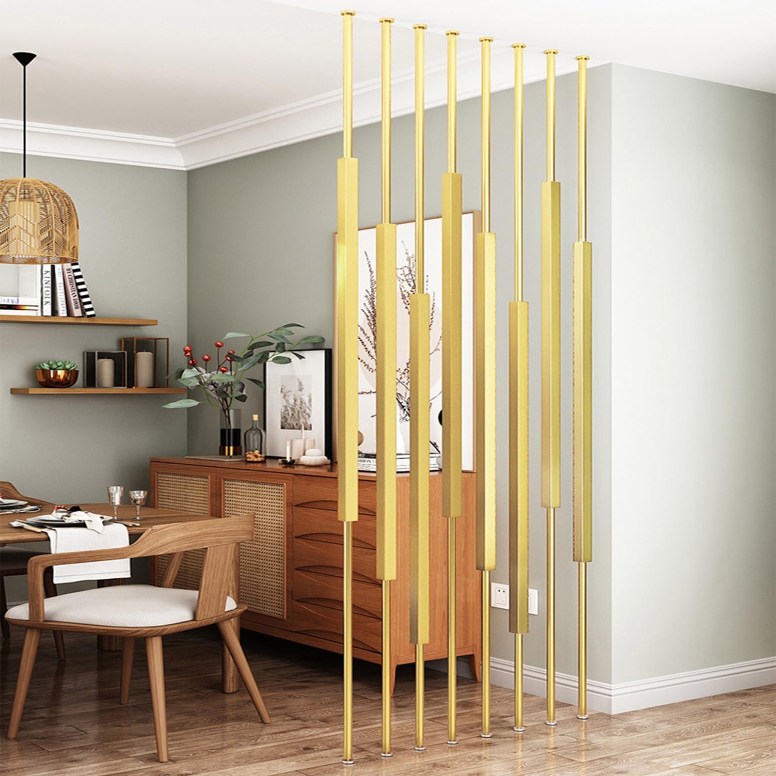 Postes divisorios de Pantalla divisoria de ambientes, 230cm 240cm 250cm Alto Listones de Metal Dorado Paravent de privacidad, Pilares separadores de Espacio de Piso a Techo(8pcs-A,200cm/79in/6.6ft)