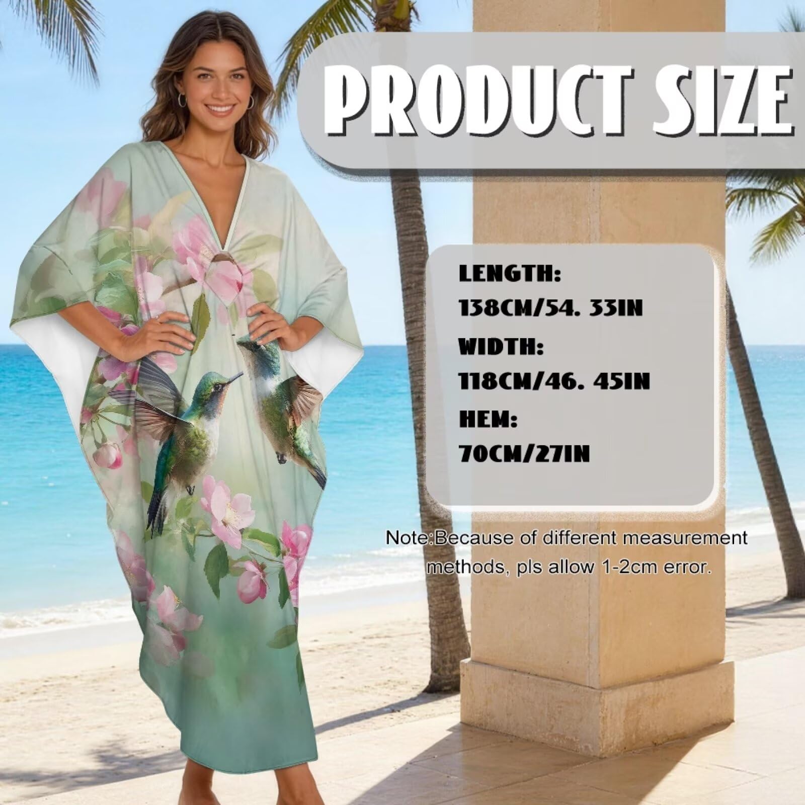 Poceacles Sukienka kaftan plus size dla kobiet sukienka maxi strój kąpielowy okrycie dekolt w serek rękaw nietoperz boczne rozcięcia kaftan