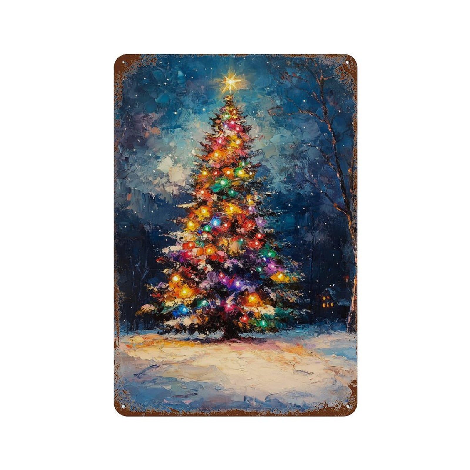 Colorful Christmas Tree Night Scene 11.8"x7.9" Weathered Tin Sign, Shabby Chic Decor for Cafe, Home Bar And Lounge Decor
