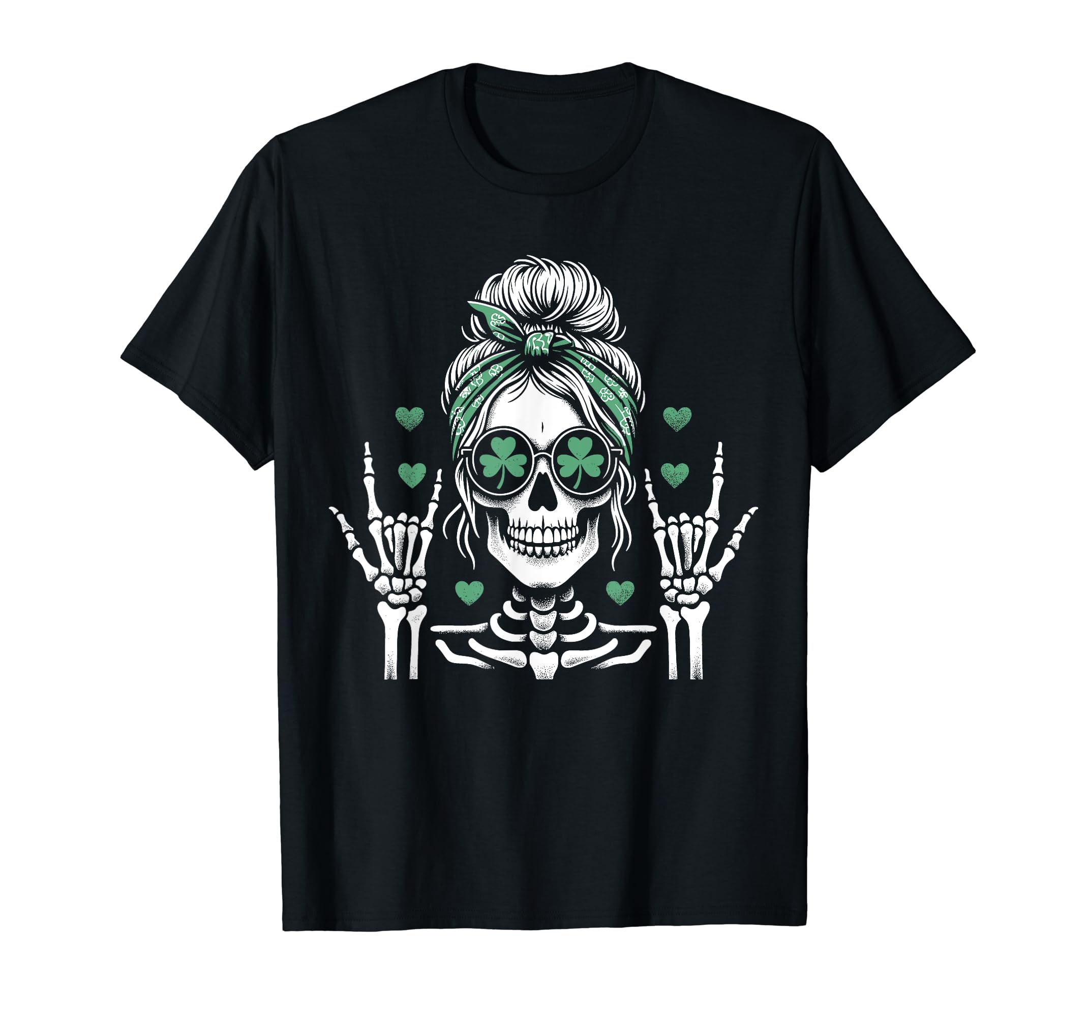 Shenanigans St Patricks Day Shirt Women Design CoSt Patricks Day Skull Messy Bun Rock On Women St. Pattys Day T-Shirt