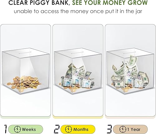 Miniatura 6 de Vcertcpl Hucha de acrílico transparente, caja de ahorro de dinero para ahorrar dinero en efectivo, alcancía para adultos no se puede abrir para