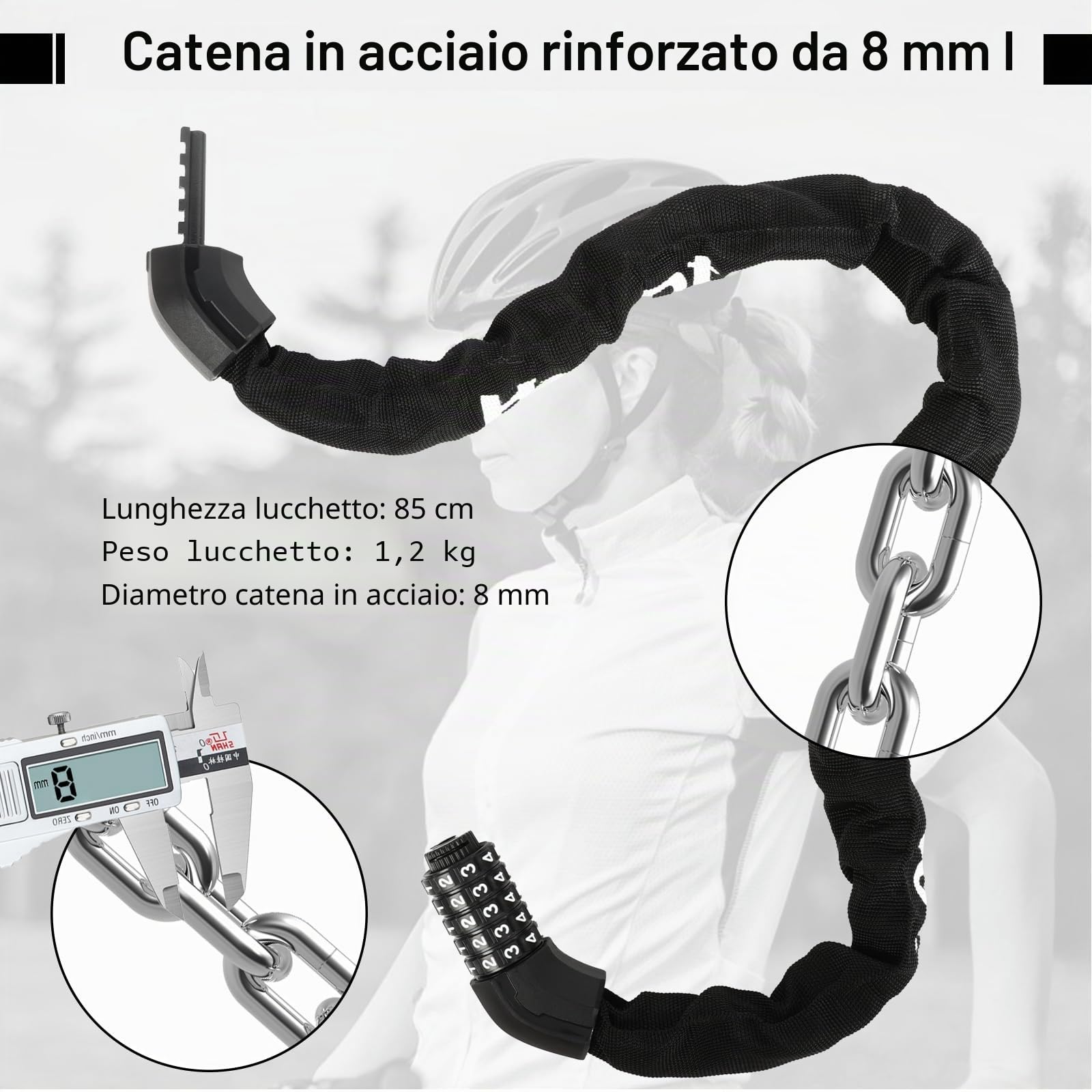 8mm di spessore Serratura di combinazione della bicicletta, catena di bloccaggio in acciaio, serratura della bicicletta di alta sicurezza, serratura della catena per Ebike E-scooter moto moto